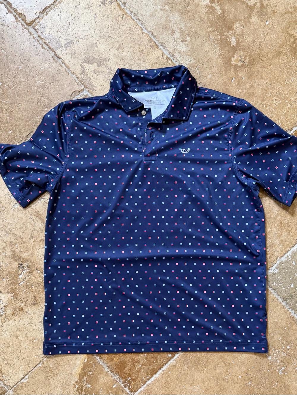 Vineyard Vines Navy Polo with Pink and Light Blue Micro Squares